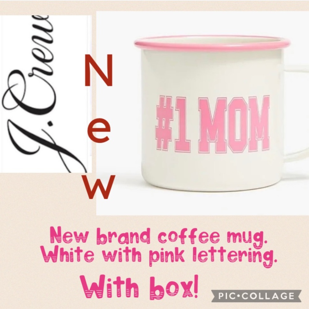 NEW J. Crew brand coffee mug. White with pink lettering in box!